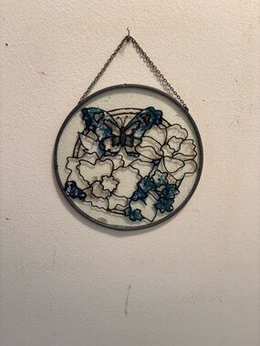 Handmade Round Glass Butterfly & Floral Suncatcher - Blue Accents